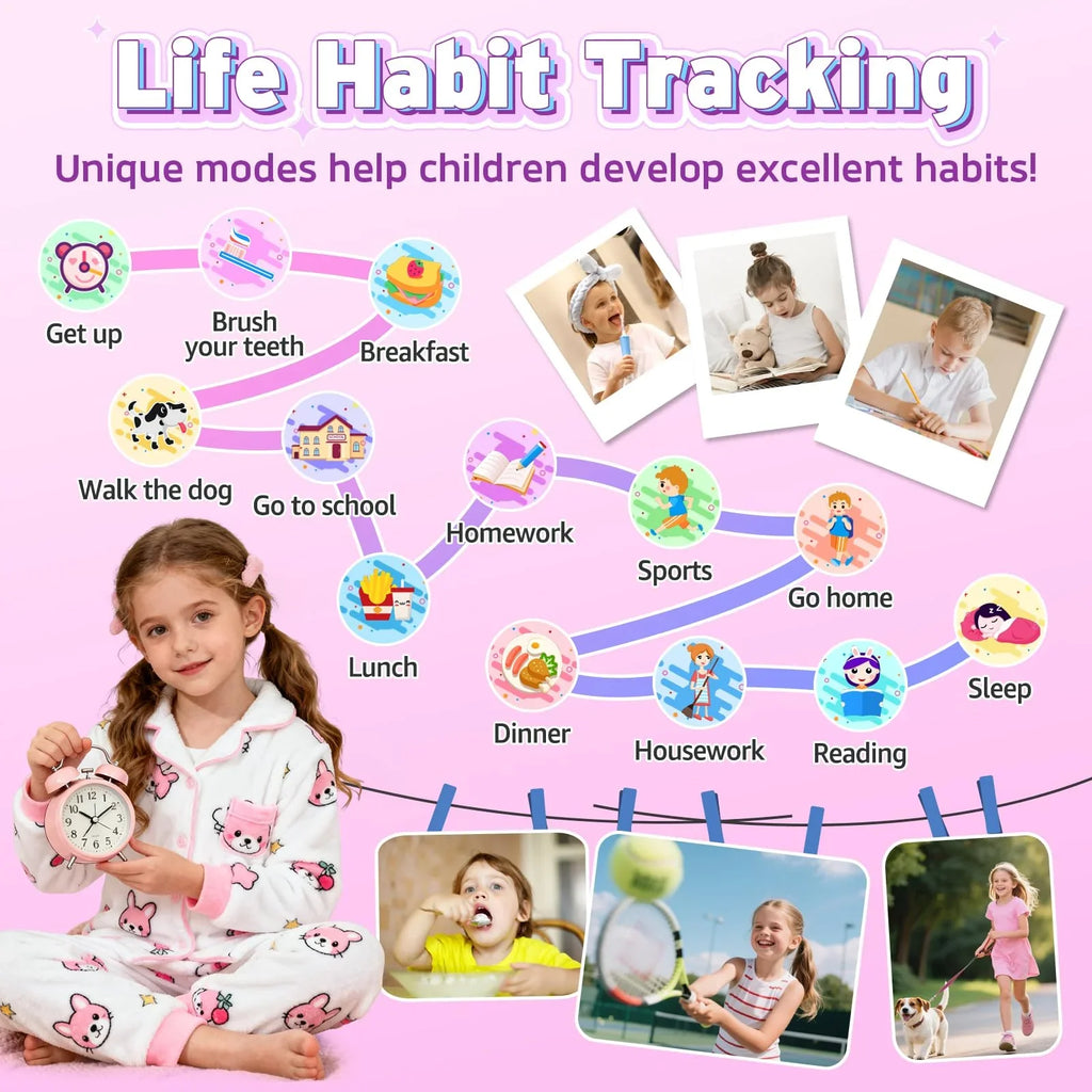 Colorful children's daily habit tracker chart with routine icons and kids performing activities like brushing teeth, eating, playing sports, and walking the dog.