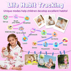 Colorful children's daily habit tracker chart with routine icons and kids performing activities like brushing teeth, eating, playing sports, and walking the dog.