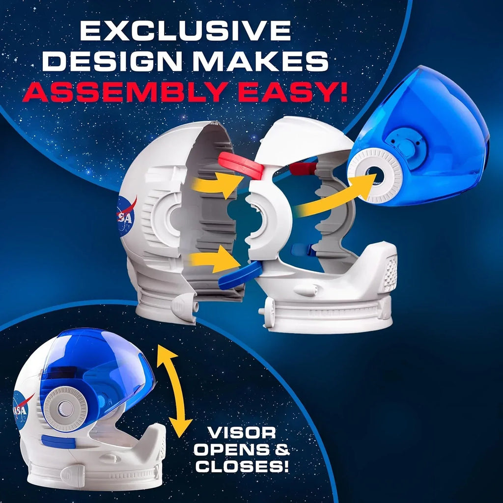 Kids' toy astronaut helmet with blue visor, easy assembly and opening visor features.