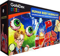 Human body science kit for kids with illustrated organs, lab equipment, and detective theme.