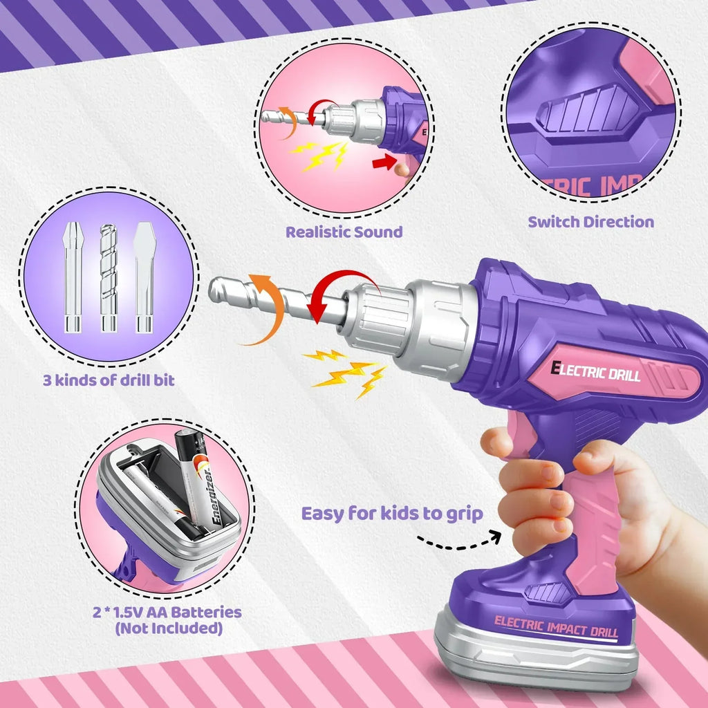 Purple and pink toy electric drill for kids with sound, 3 drill bits, and easy grip handle.