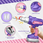 Purple and pink toy electric drill for kids with sound, 3 drill bits, and easy grip handle.