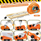 Kids toy tool set featuring a tape measure, hammer, drill, saw, wrench, and bolts.