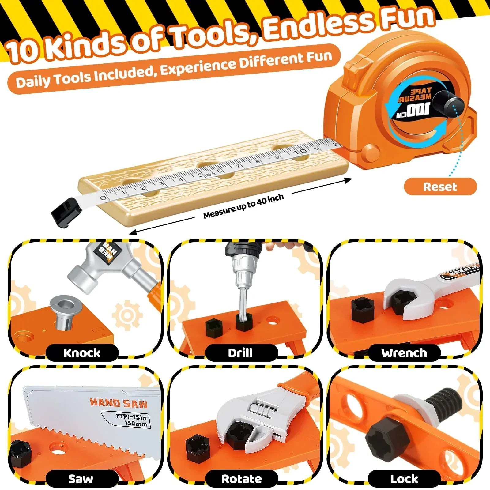 Kids toy tool set featuring a tape measure, hammer, drill, saw, wrench, and bolts.