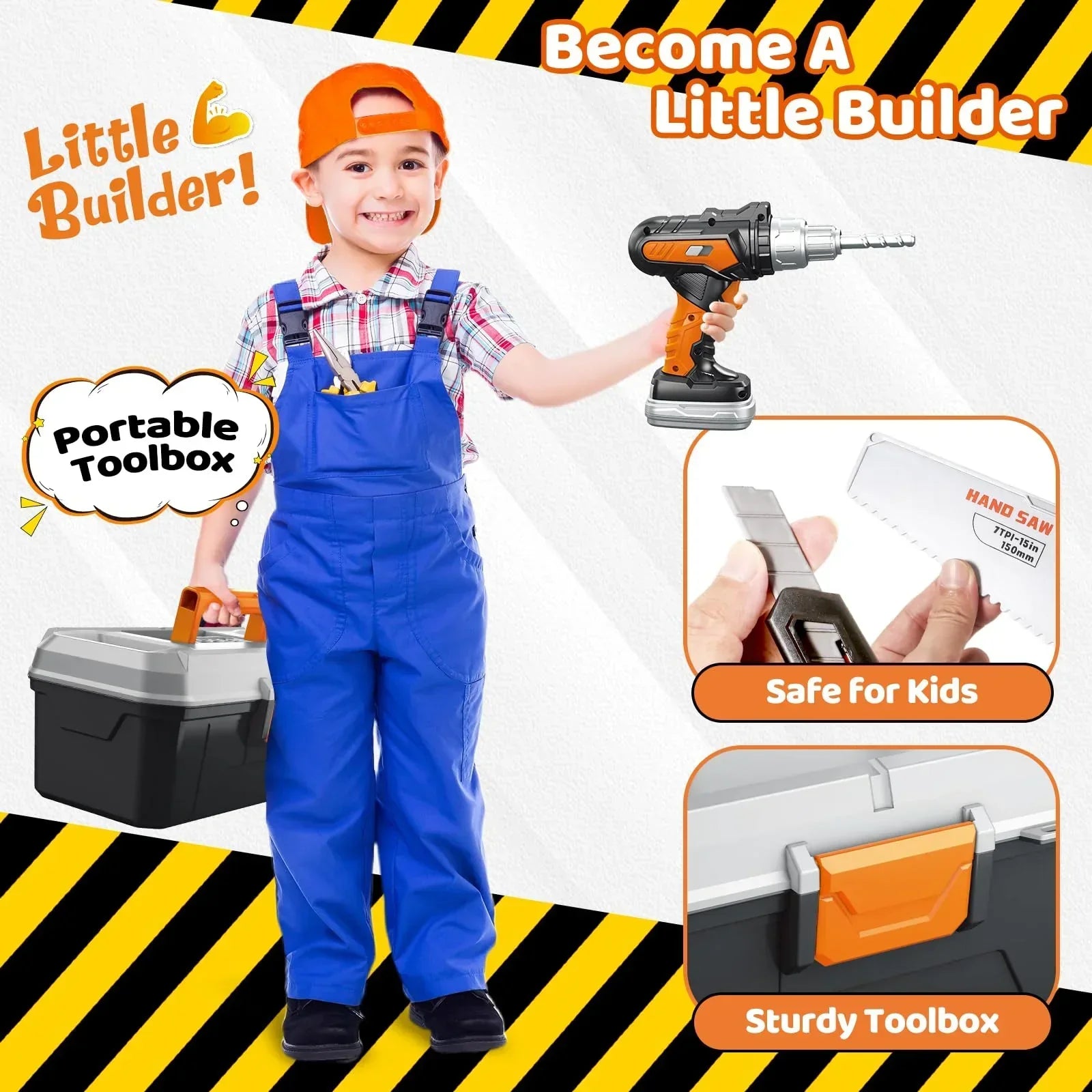 Child in blue overalls with toy drill and portable toolbox, safe kids builder set.