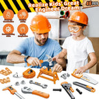 Adult and child wearing orange construction helmets using kids toy tool set with various plastic tools and accessories.