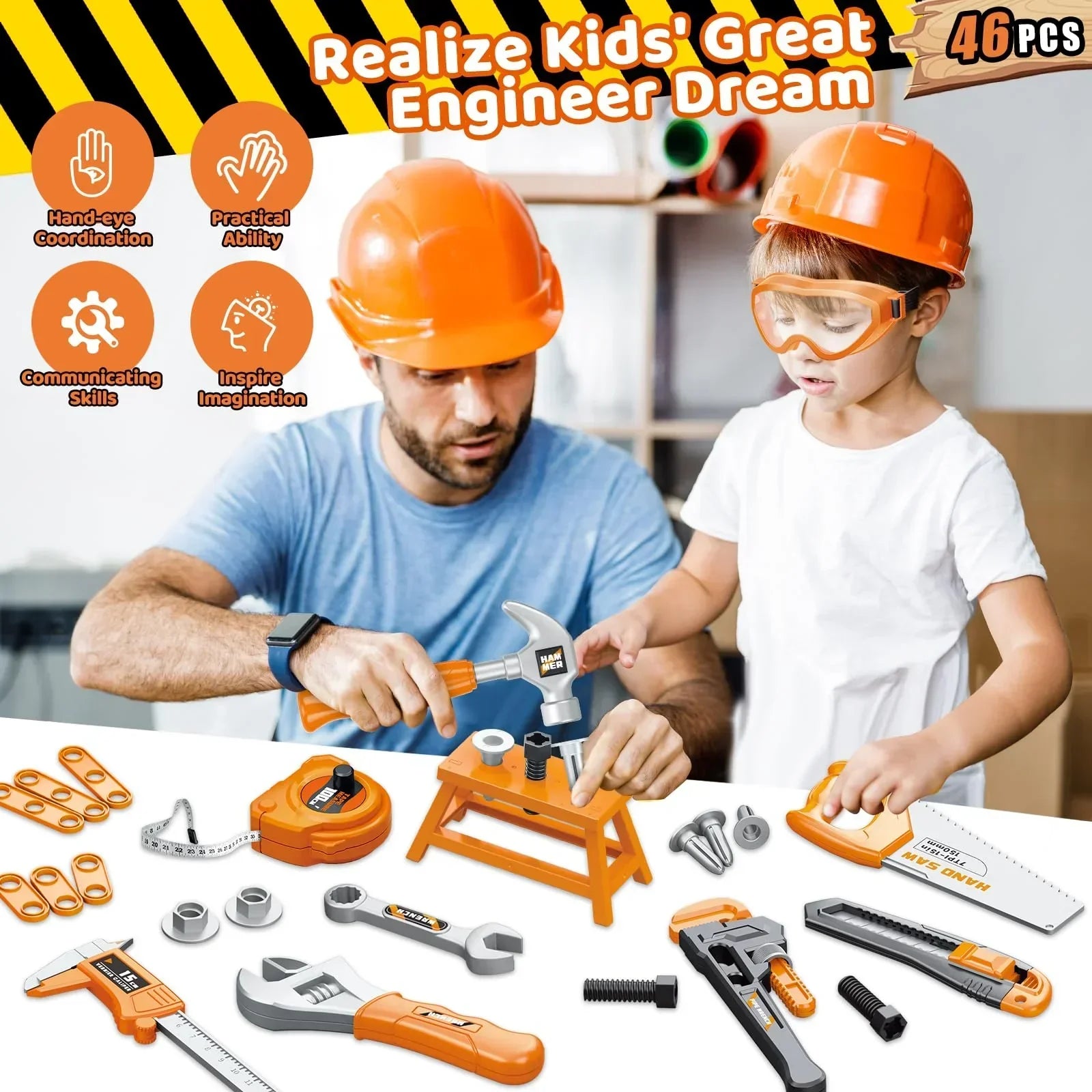 Adult and child wearing orange construction helmets using kids toy tool set with various plastic tools and accessories.