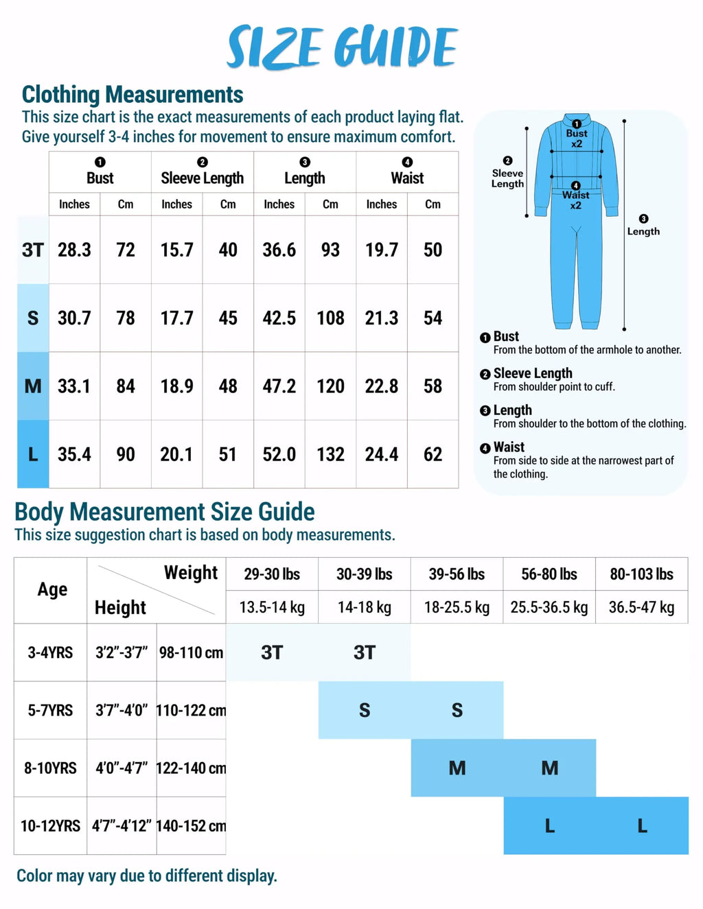 Children's clothing size guide chart with bust, sleeve, length, waist measurements and age recommendations.
