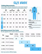 Children's clothing size guide chart with bust, sleeve, length, waist measurements and age recommendations.
