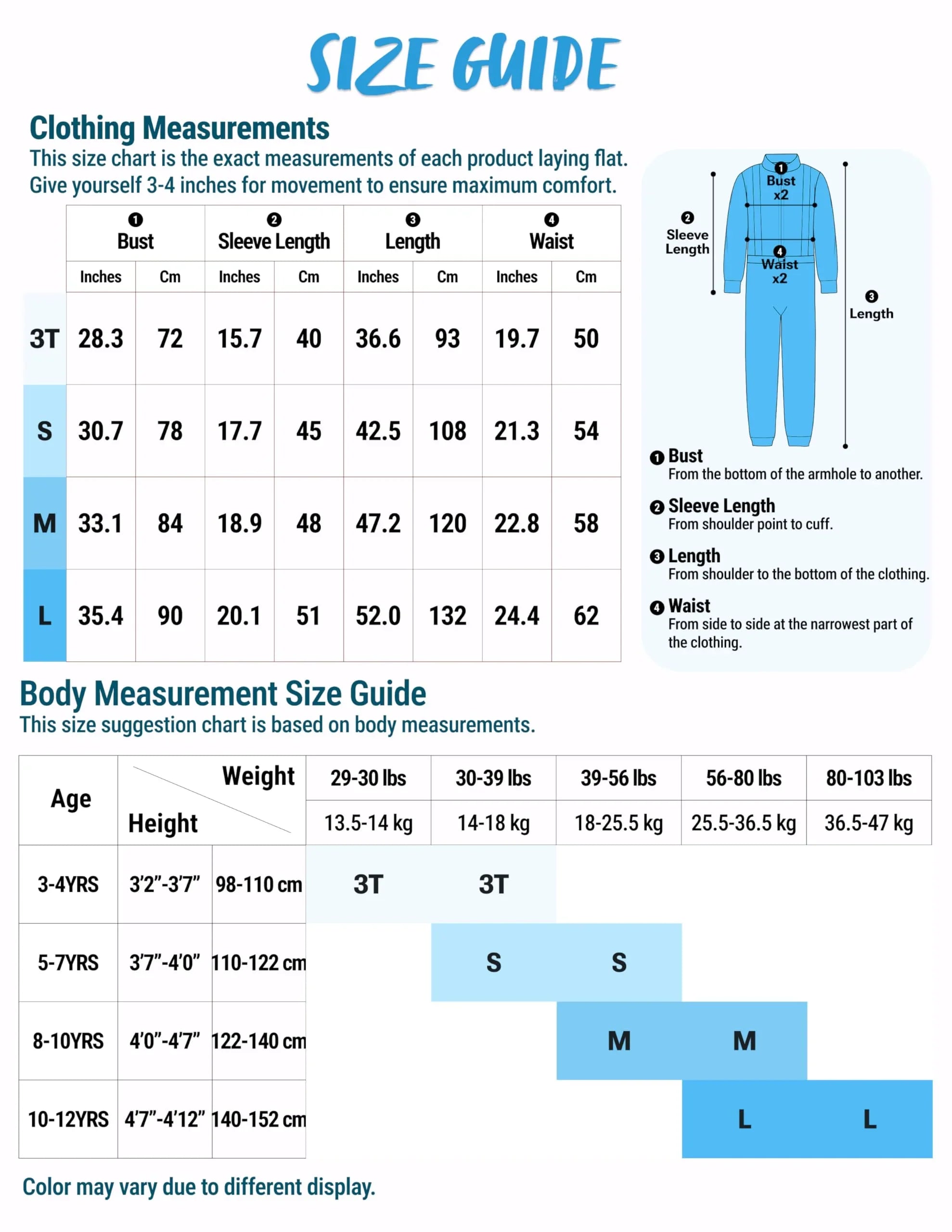 Children's clothing size guide chart with bust, sleeve, length, waist measurements and age recommendations.
