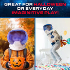 Kids wearing astronaut costumes, one holding a Halloween pumpkin bucket, one playing indoors.