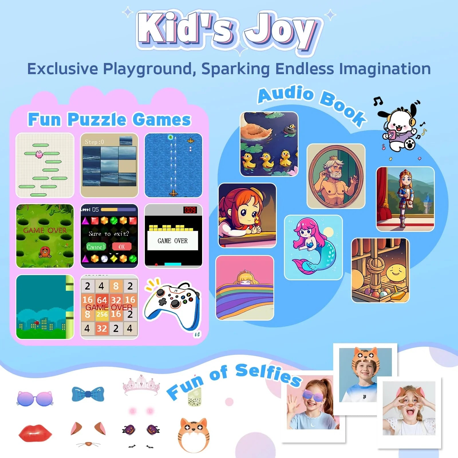 Colorful kids' activity set featuring puzzle games, audiobooks, and selfie accessories