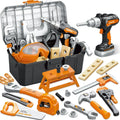 Toy tool set with pretend drill, saw, wrench, safety goggles, and toolbox for kids
