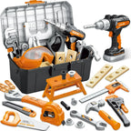 Toy tool set with pretend drill, saw, wrench, safety goggles, and toolbox for kids
