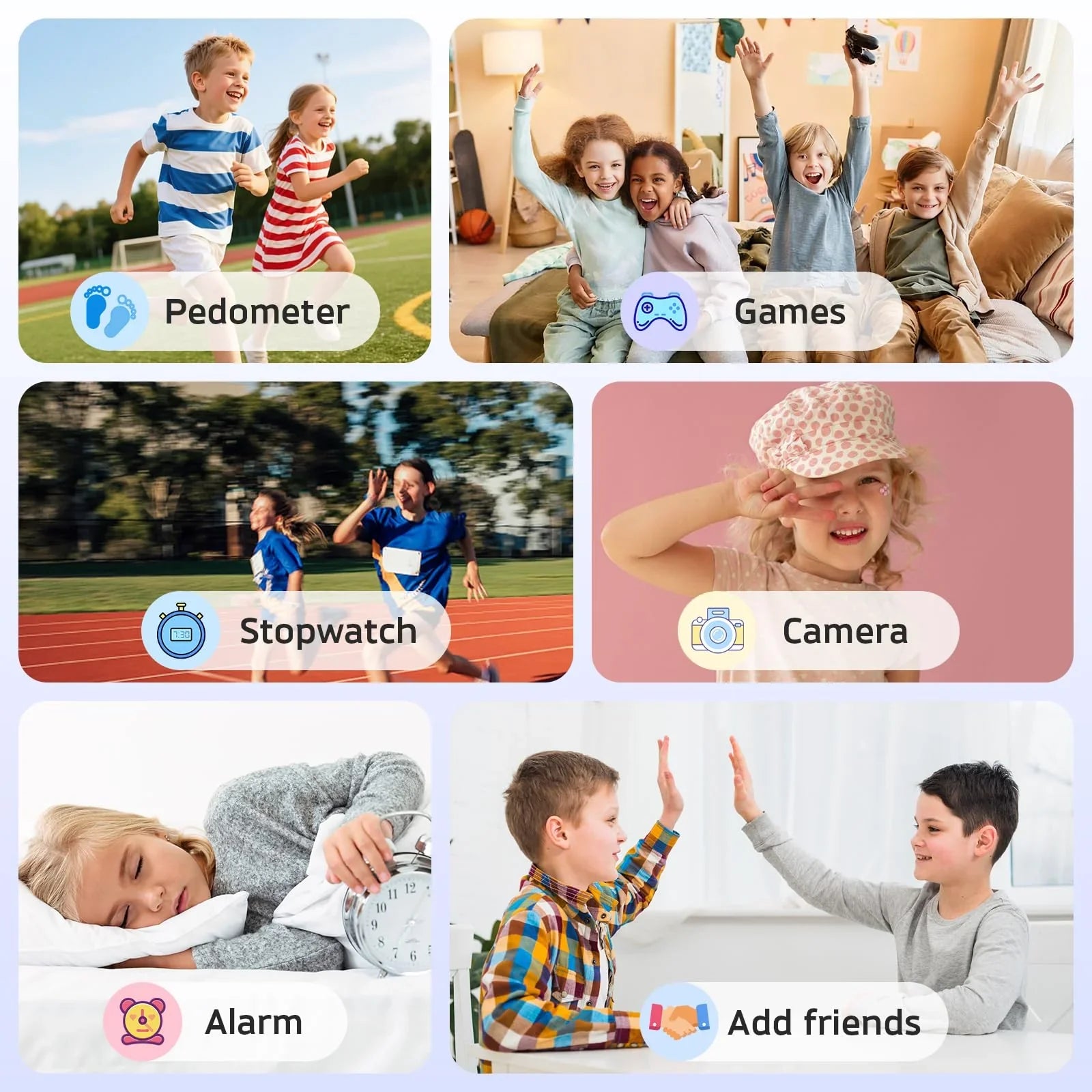 Collage of kids using STEM smartwatch features: pedometer, games, stopwatch, camera, alarm, add friends.