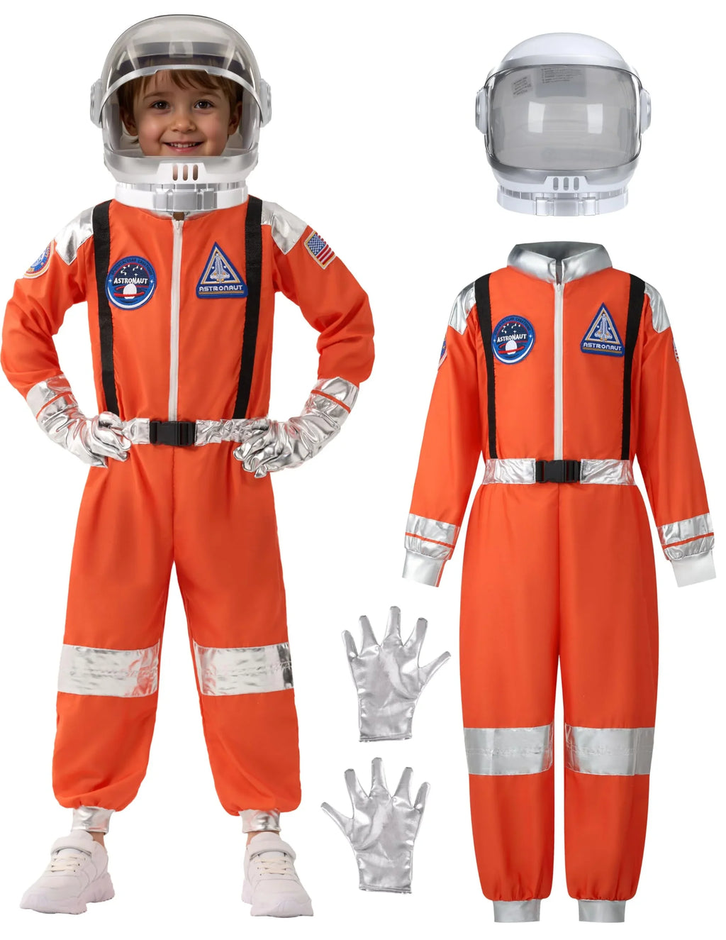 Kids' orange astronaut costume set with helmet, gloves, and NASA-style patches.