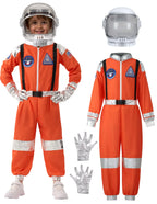Kids' orange astronaut costume set with helmet, gloves, and NASA-style patches.