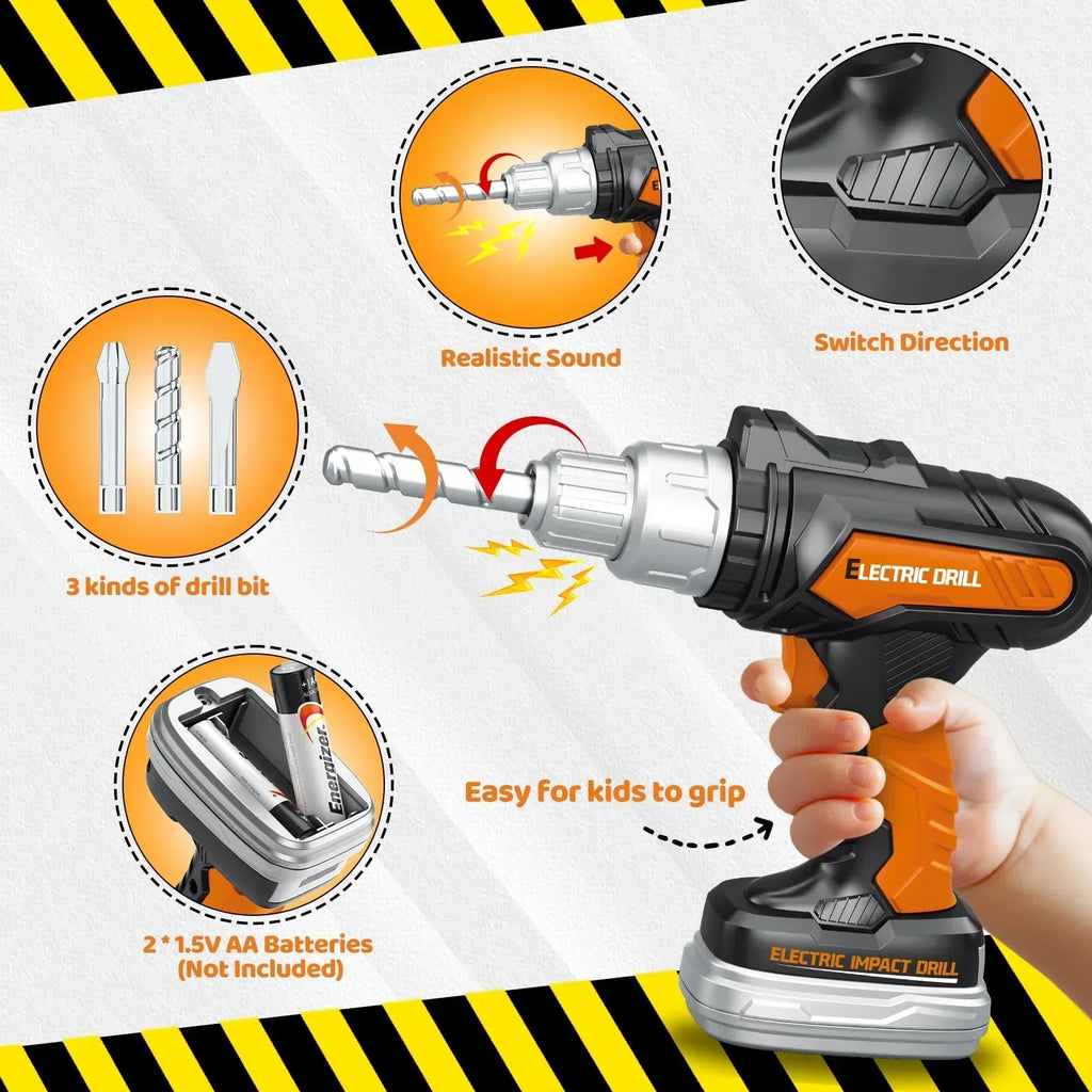 Kids' toy electric impact drill with switch direction, realistic sound, and three drill bits.