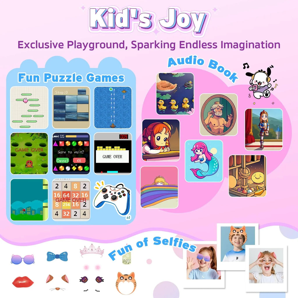 Colorful children's STEM toy interface showcasing puzzle games, audio books, and fun selfie features.