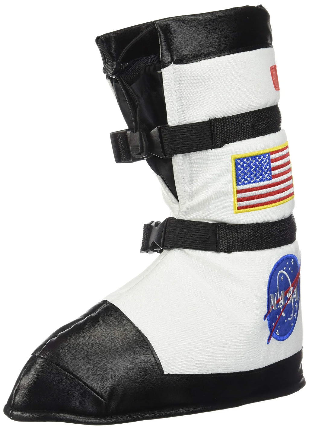 White and black astronaut boot costume accessory with NASA and American flag patches