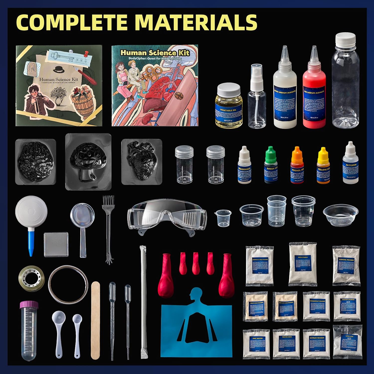 Human science kit with lab tools, experiment supplies, and educational materials for kids STEM learning.