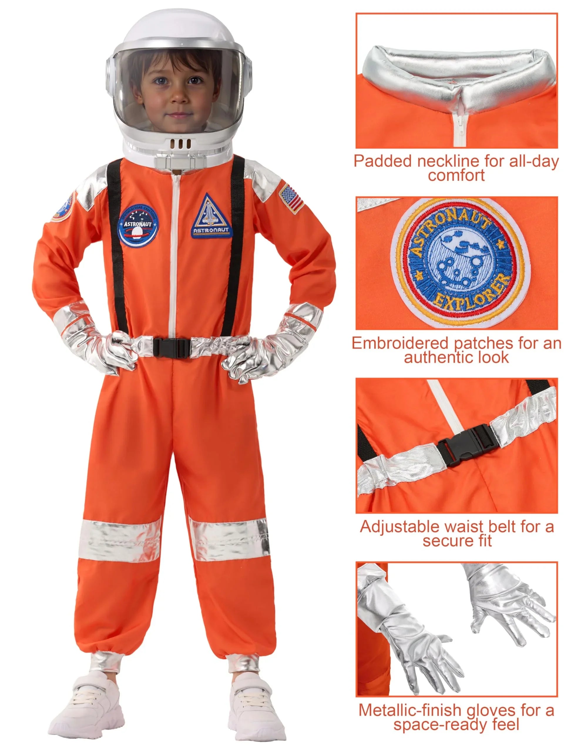 Child wearing orange astronaut costume with helmet, embroidered patches, metallic gloves, and adjustable belt.