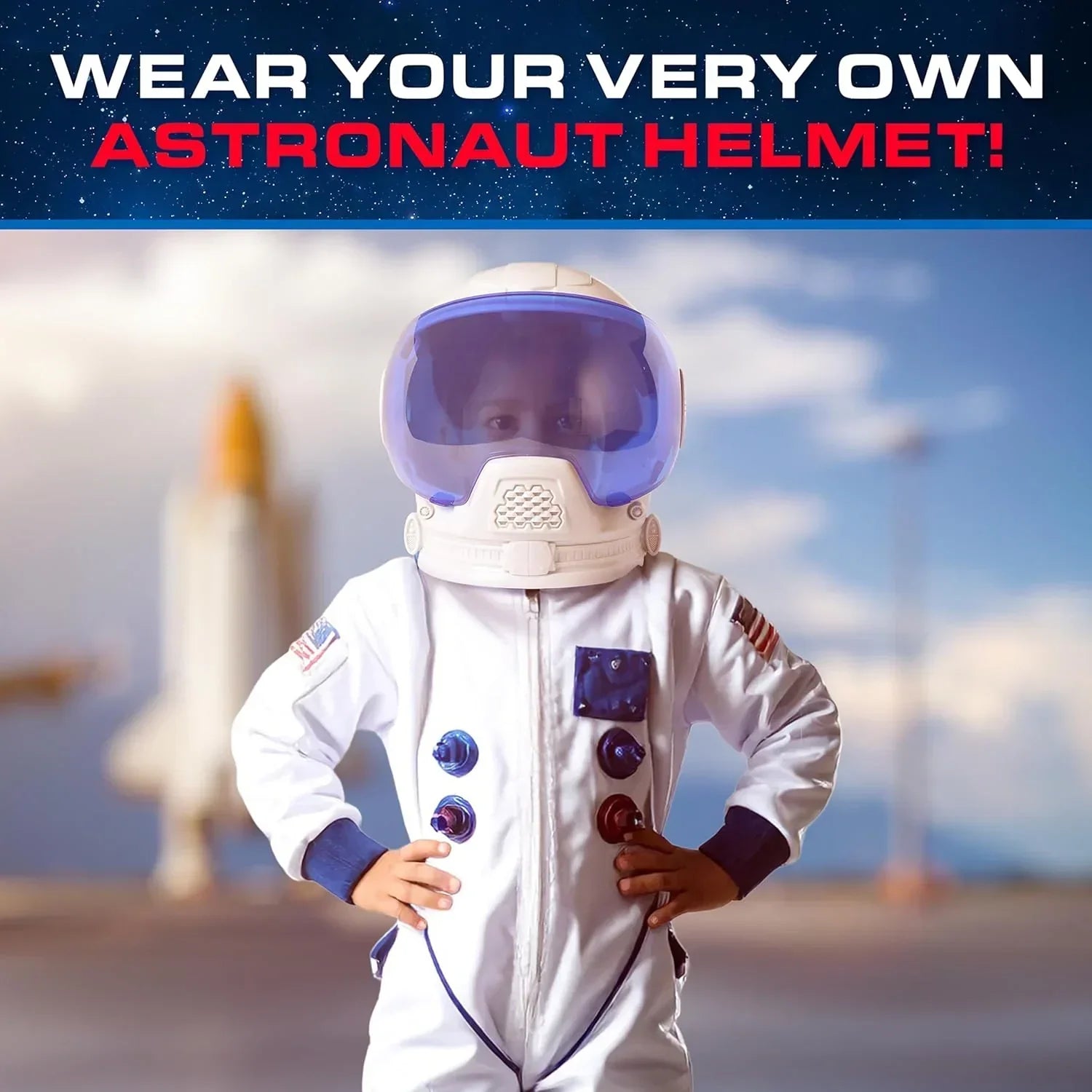 Child wearing astronaut helmet and suit costume with hands on hips, space shuttle in background