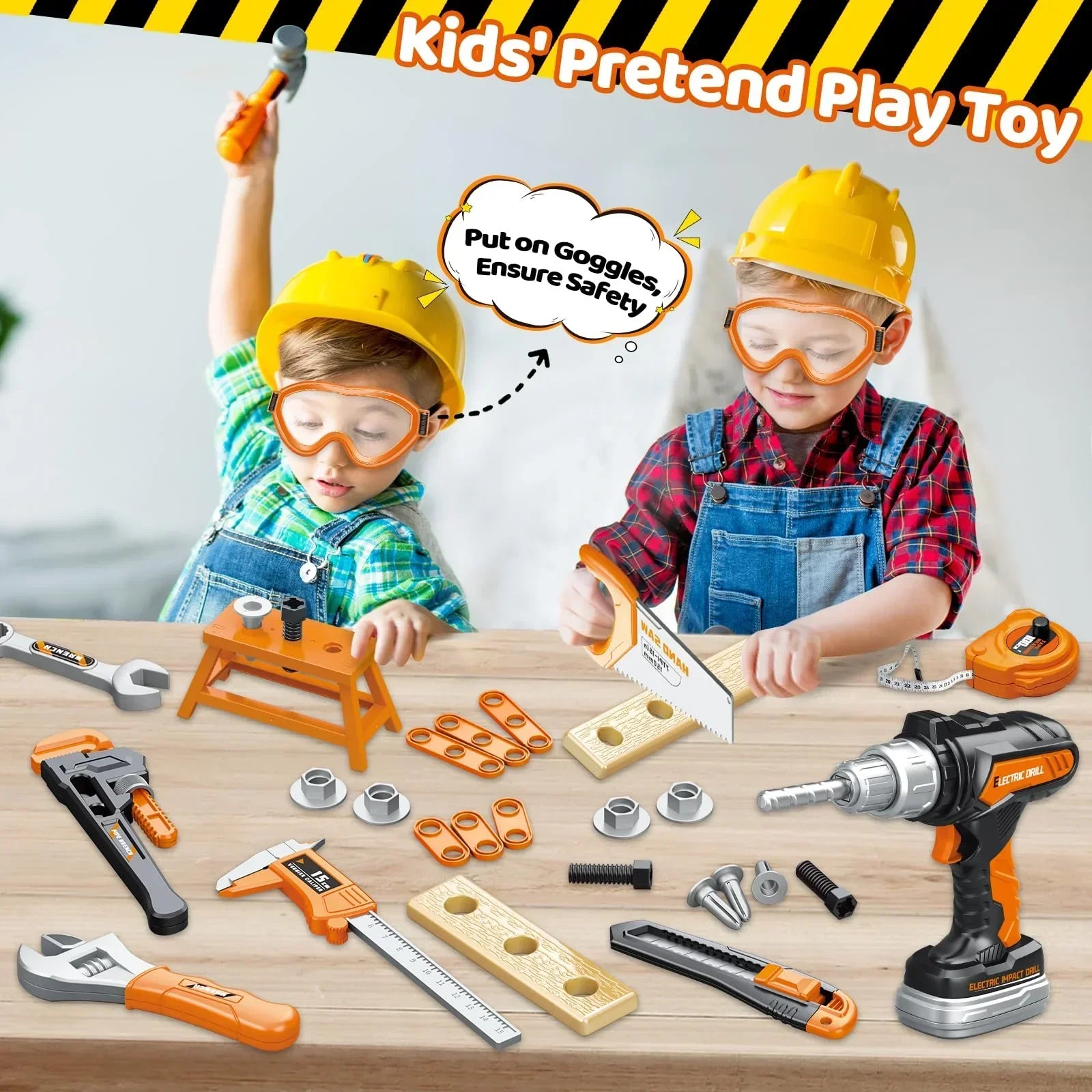 Kids wearing safety helmets and goggles playing with pretend construction tool set and accessories.