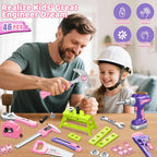 Father and daughter playing with a pink and purple kids' engineering toy tool set, promoting STEM skills.