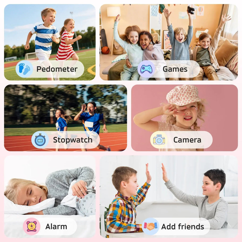 Collage showing kids using smartwatch features like pedometer, games, stopwatch, camera, alarm, and adding friends.