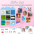 Colorful kids' activity poster showing STEM puzzle games, audiobooks, and playful selfie features.