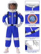 Child in blue astronaut costume suit with helmet, silver gloves, and embroidered space patches