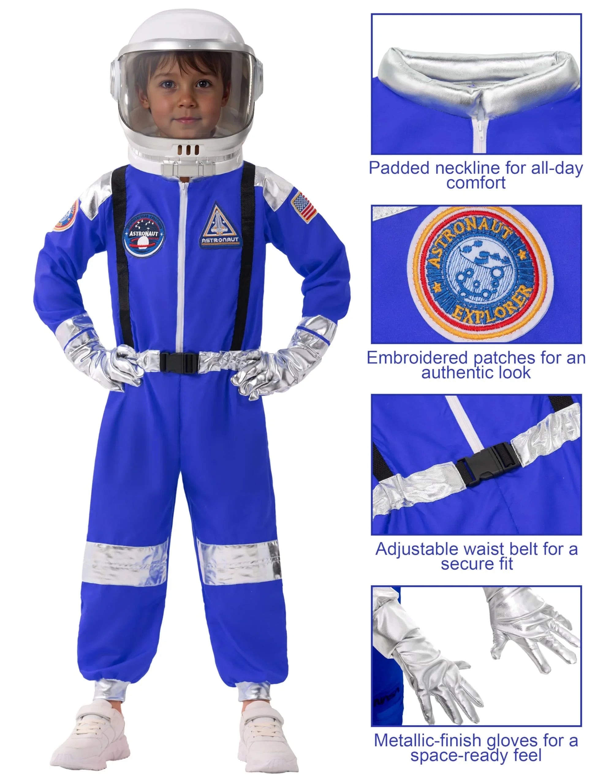 Child in blue astronaut costume suit with helmet, silver gloves, and embroidered space patches