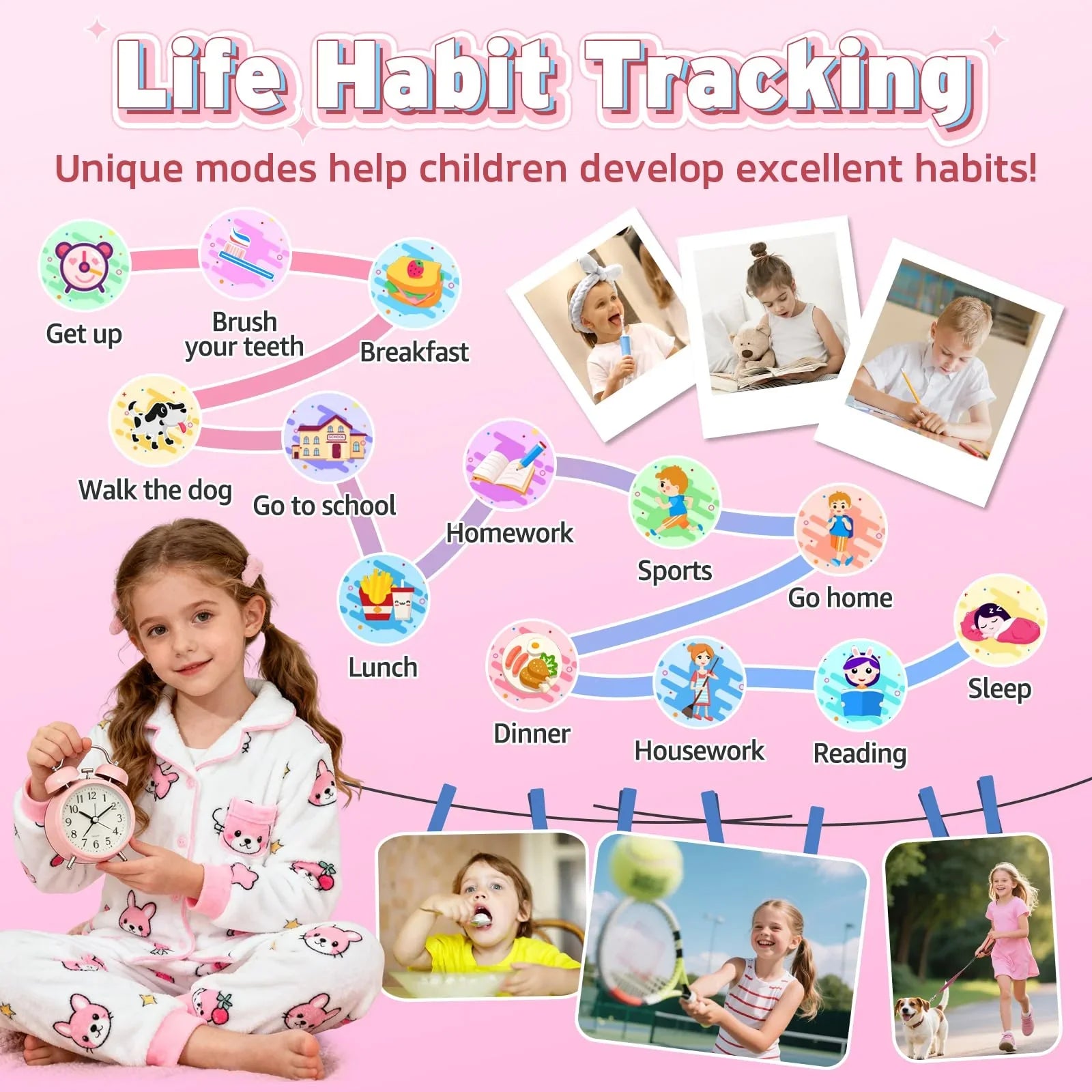 Life habit tracking chart for kids featuring daily routines, healthy habits, and playful activities.
