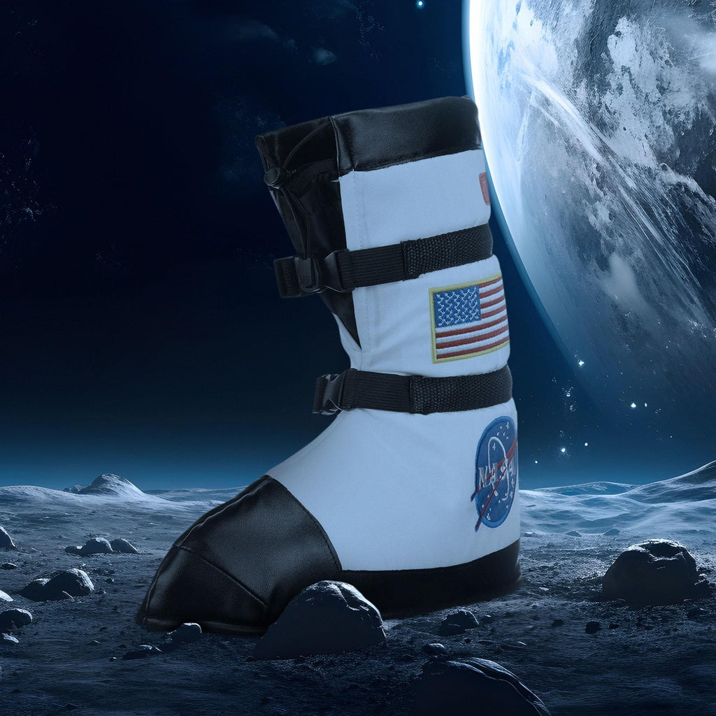 Astronaut costume boot with NASA and American flag patches on a lunar surface background.