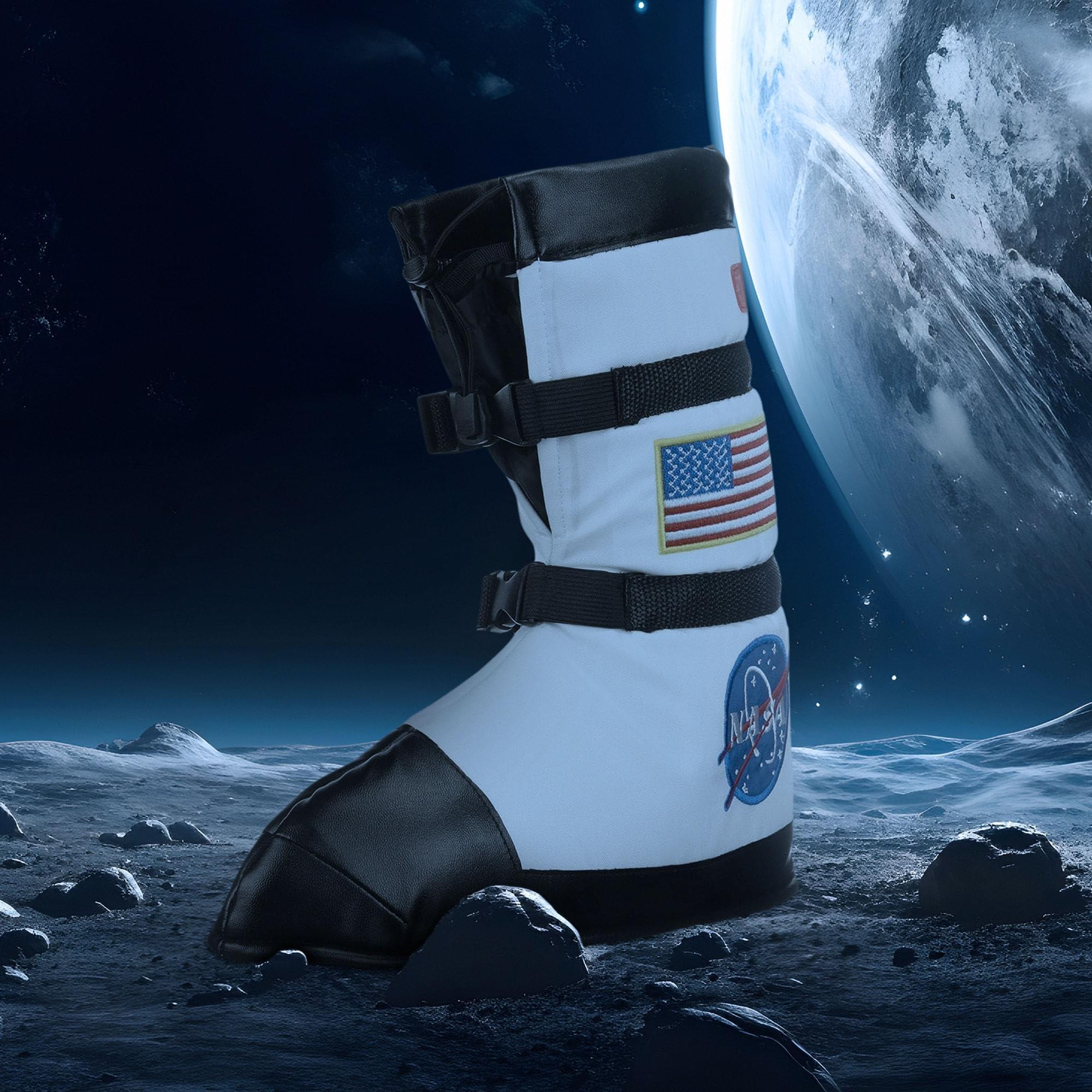 Astronaut costume boot with NASA and American flag patches on a lunar surface background.