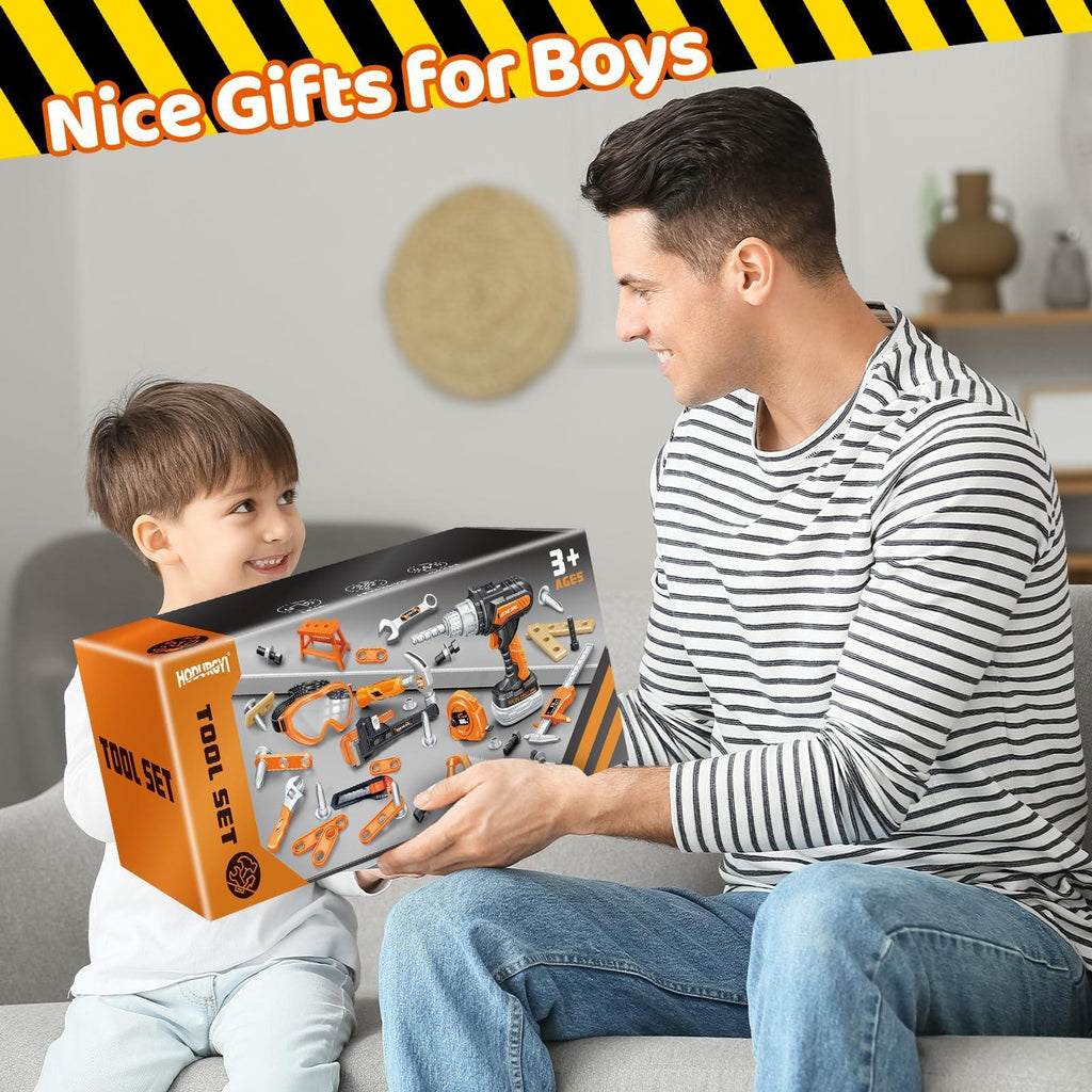 Father gifting child a toy tool set, ideal construction play set for boys ages 3 and up