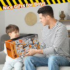 Father gifting child a toy tool set, ideal construction play set for boys ages 3 and up