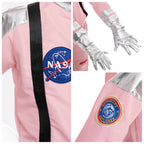Pink kids astronaut costume with NASA and Astronaut Explorer patches, silver gloves, tech toy