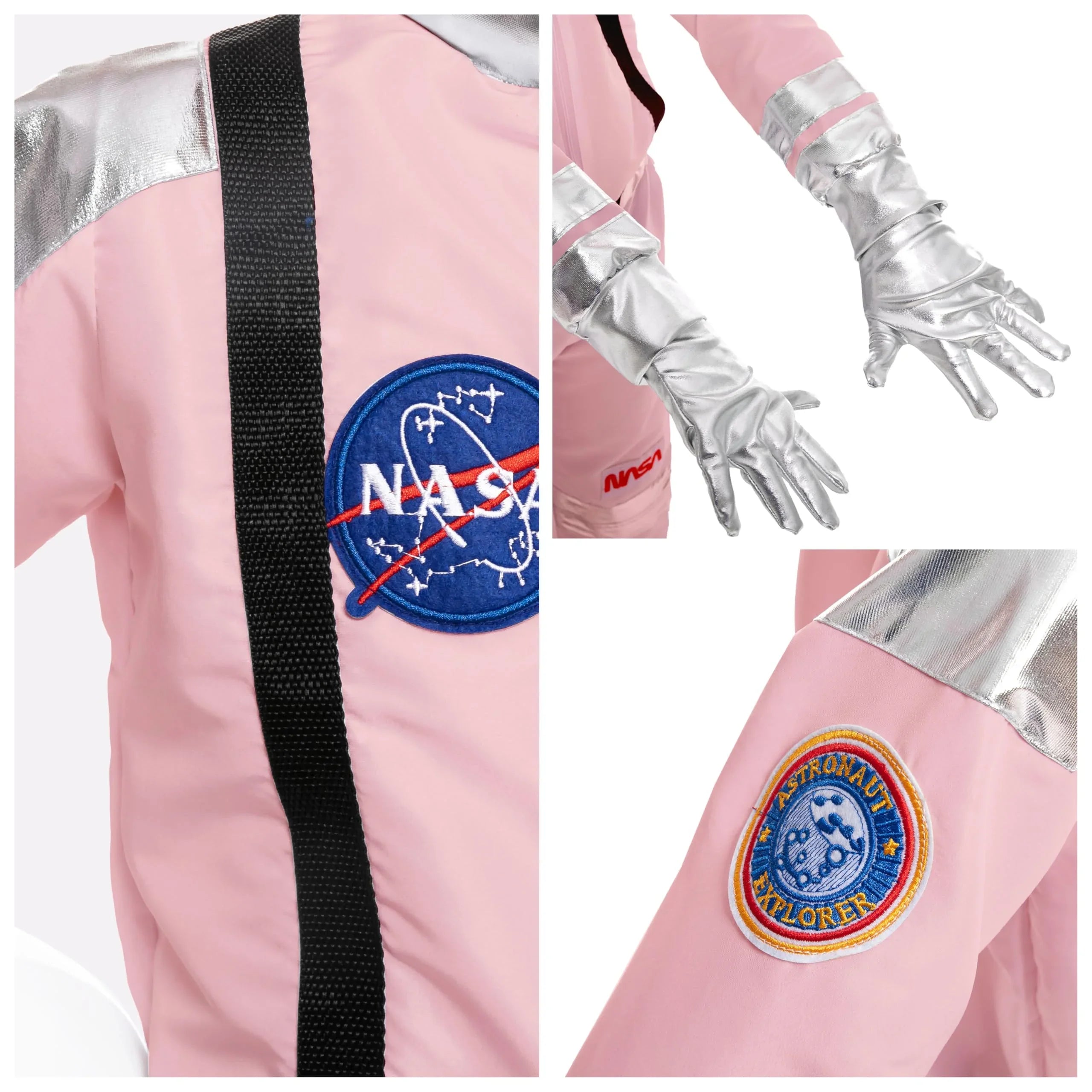 Pink kids astronaut costume with NASA and Astronaut Explorer patches, silver gloves, tech toy