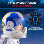 Child wearing blue and white toy astronaut helmet with foam pad, fits kids 6 and older.