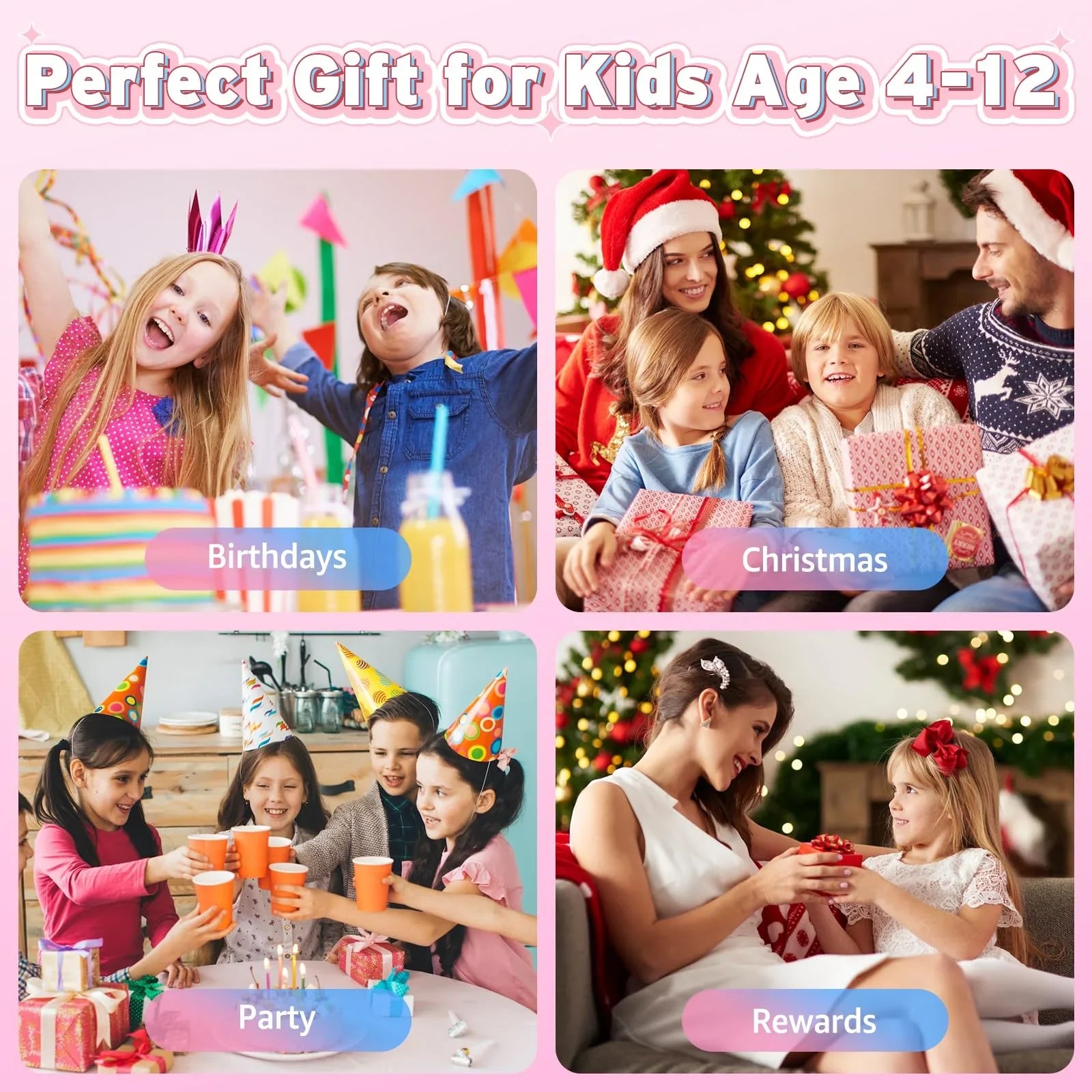 Collage of kids celebrating birthdays, Christmas, parties, and rewards, perfect gift for kids ages 4-12.