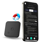 STEM gadget with black device, magnet icon, and smartphone displaying meeting notes