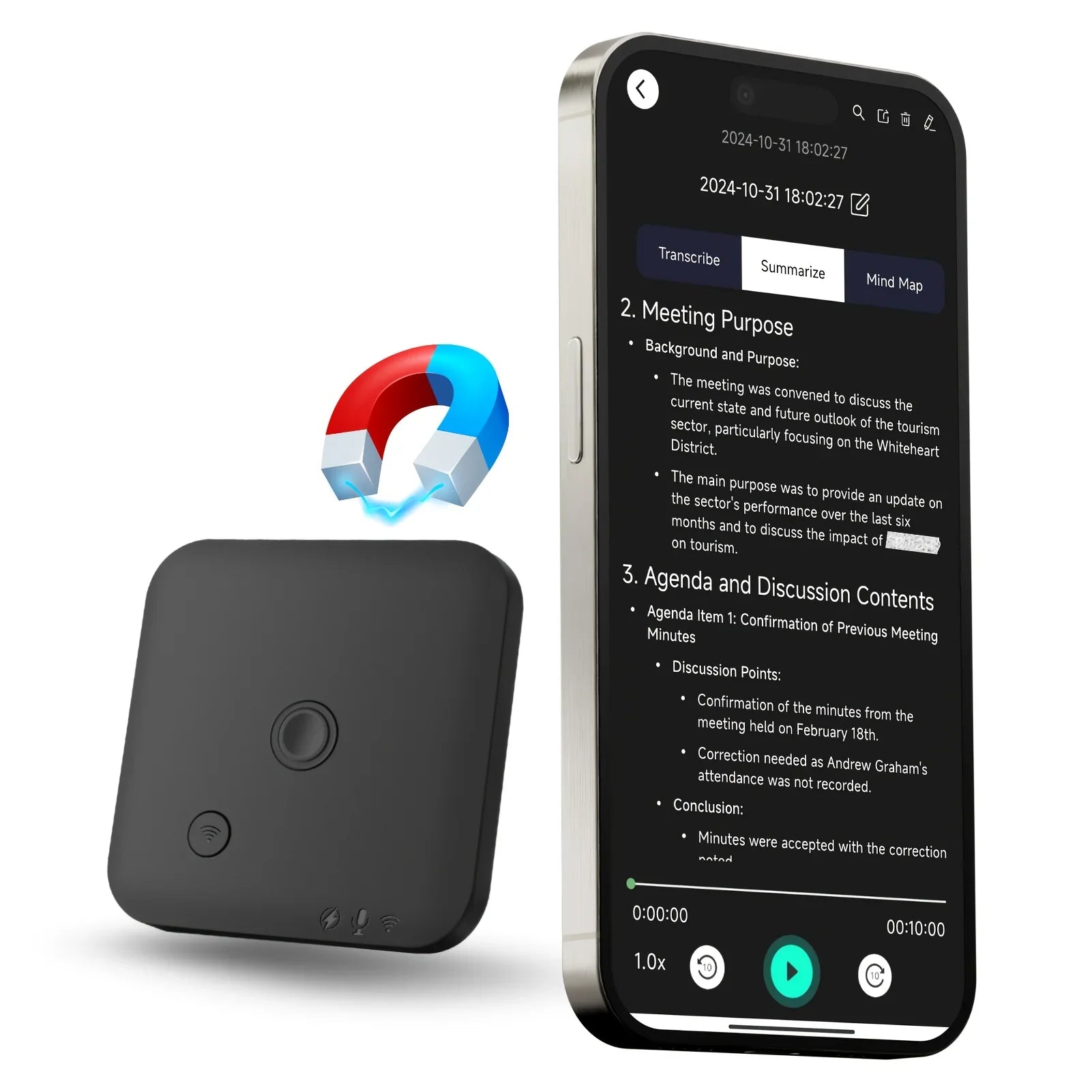 STEM gadget with black device, magnet icon, and smartphone displaying meeting notes