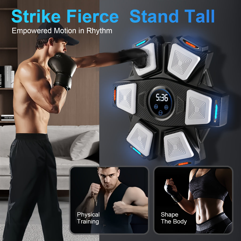 Man boxing with electronic wall target training device, fitness and physical training equipment