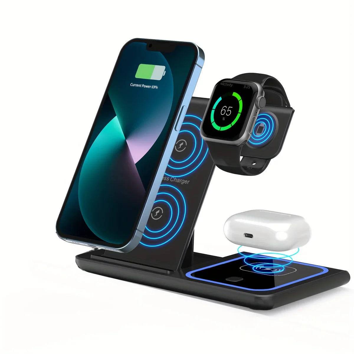3-in-1 wireless charging station for smartphone, smartwatch, and earbuds