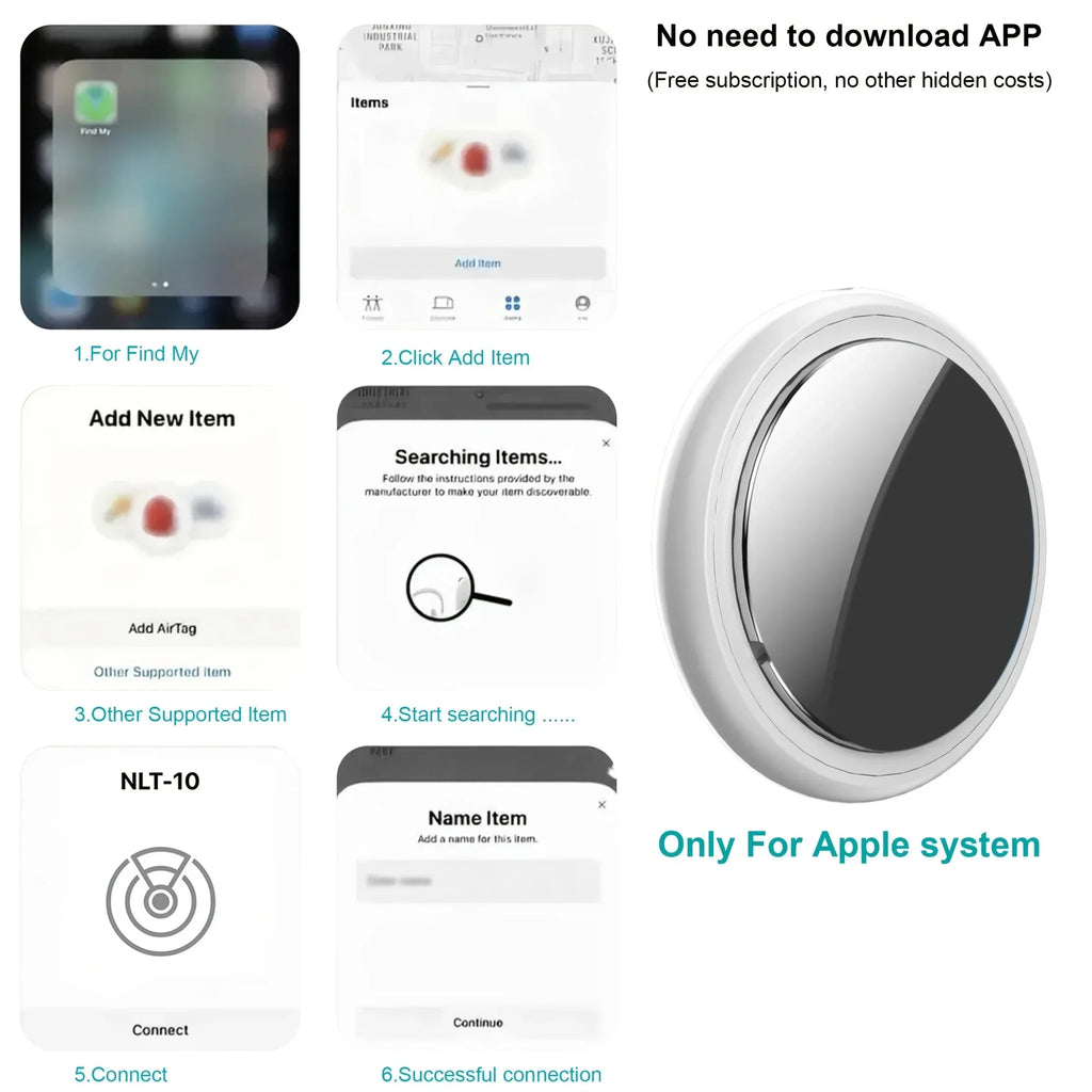 Apple-compatible Bluetooth tracker setup guide with round smart tag and app screenshots.