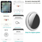 Apple-compatible Bluetooth tracker setup guide with round smart tag and app screenshots.
