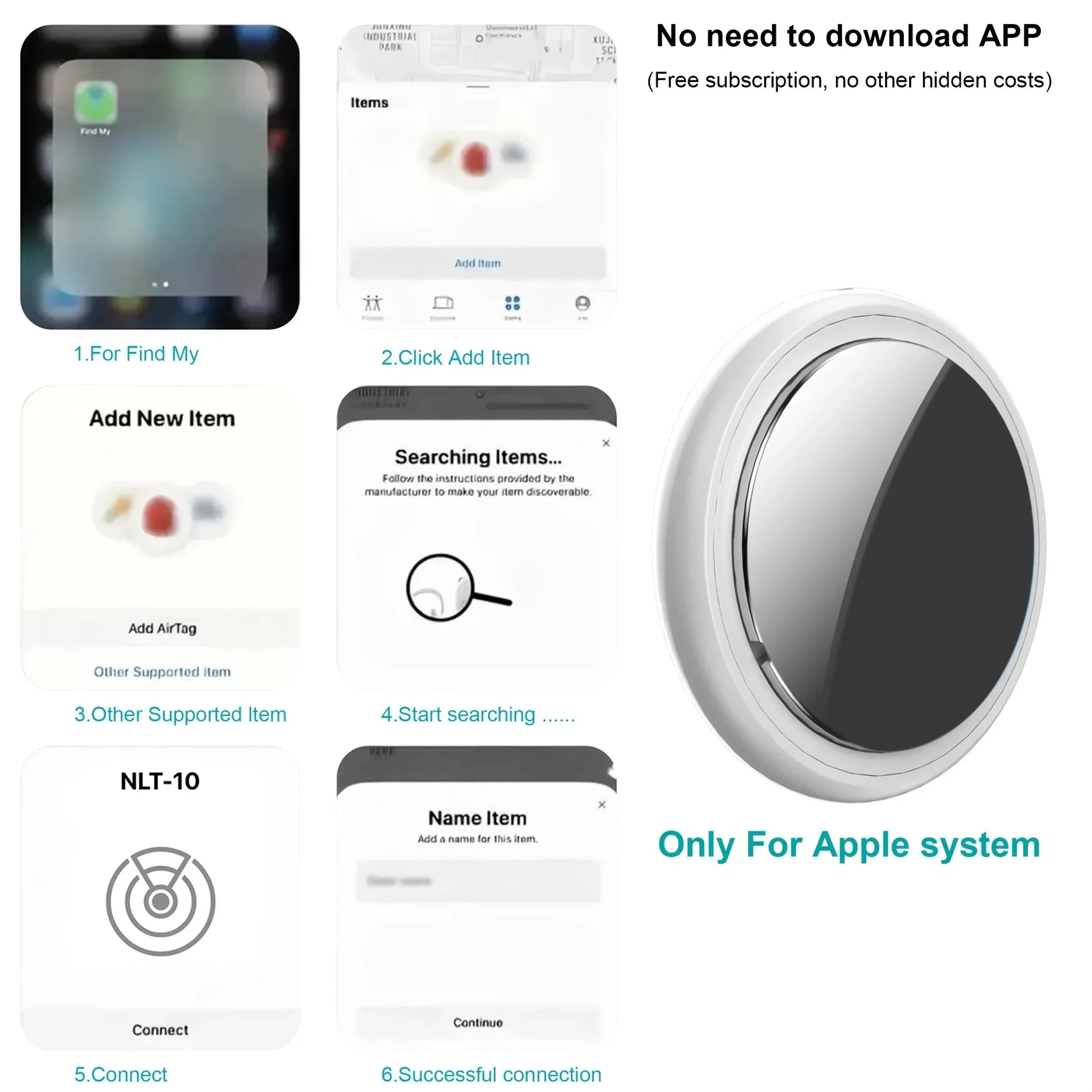 Apple-compatible Bluetooth tracker setup guide with round smart tag and app screenshots.