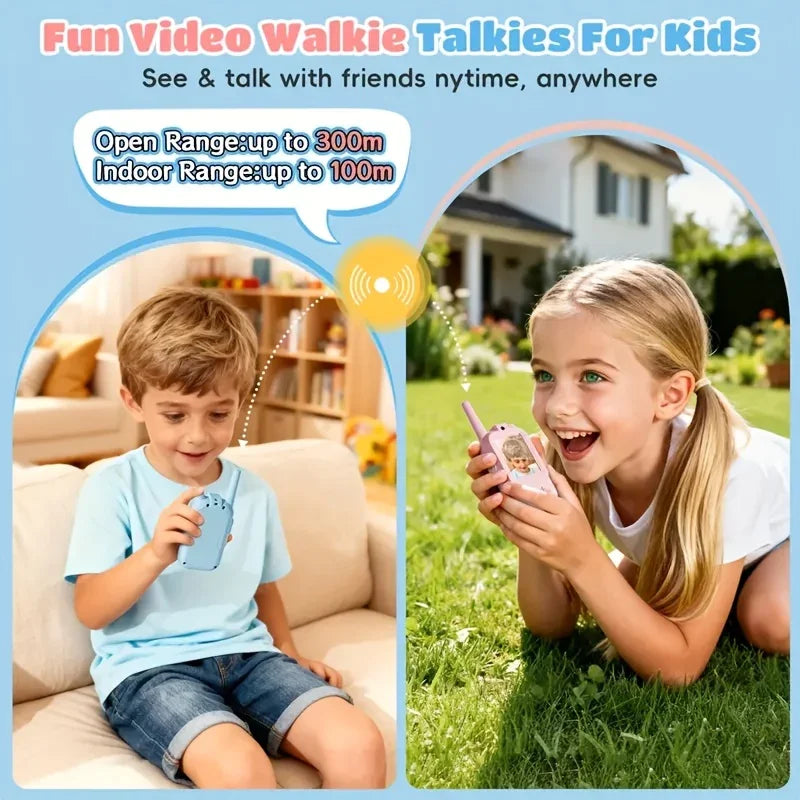 Two kids using video walkie talkies, boy indoors and girl outside in garden.